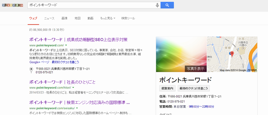 グーグル検索でポイントキーワードで検索した場合、このように右側に地図が表示されているページがでるパターンがプレイスページです。