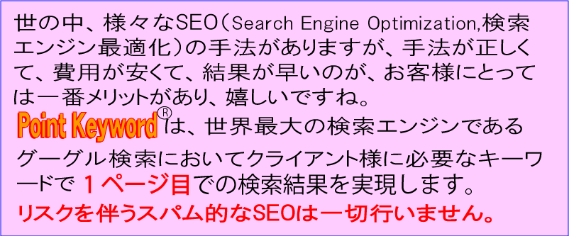 世の中、様々なＳＥＯ（Search Engine Optimization、検索エンジン最適化）の手法がありますが、手法が正しくて、費用が安くて、結果が早いのが、お客様にとっては一番メリットがあり、嬉しいですね。ポイントキーワードは、世界最大の検索エンジンであるグーグル検索においてクライアント様に必要なキーワードで１ページ目での表示を実現します。リスクを伴うスパム的なＳＥＯは一切行いません。